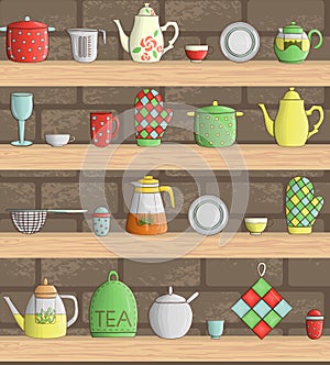 Vector set of colored kitchen tools on shelves with brick background