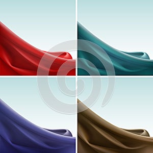 Vector Set of Colored Satin Silky Cloth Fabric Textile Drape with Crease Wavy Folds. Abstract Background