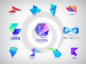 Vector set of colorful abstract 3d origami logos, icons. Business concept, company identity design templates. Crystal