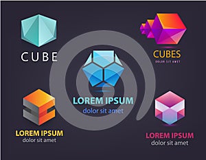 Vector set of colorful abstract 3d origami logos, icons. Business concept, company identity design template. Geometric