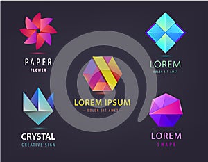 Vector set of colorful abstract 3d origami logos, icons. Business concept, company identity design template. Geometric