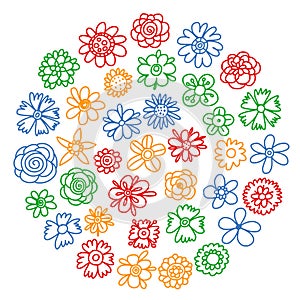 Vector set of colorful doodle flowers. Wedding ornament.