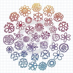 Vector set of colorful doodle flowers. Wedding ornament.