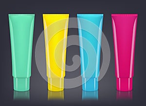 Vector set of colorful empty cosmetics, cream containers, tubes. Mock up. Realistic illustration