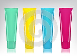 Vector set of colorful empty cosmetics, cream containers, tubes. Mock up. Realistic illustration