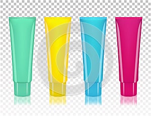 Vector set of colorful empty cosmetics, cream containers, tubes. transparent background. Mock up.