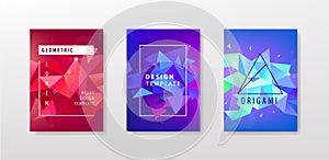 Vector set of colorful facet geometric covers design. Triangular pattern gradients. 3d shapes with frames. Annual report