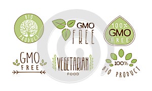 Vector set of colorful food emblems with text. GMO free. 100 natural product. Healthy eating theme