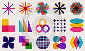 Vector set of colorful geometric shapes in trendy risograph print style. Diverse geometric forms. Vector illustration