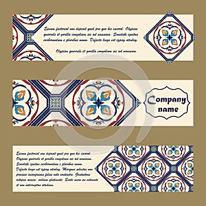 Vector set of colorful horisontal banners for business and invitation. Portuguese, Azulejo, Moroccan; Arabic; asian ornaments