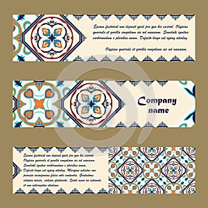 Vector set of colorful horisontal banners for business and invitation. Portuguese, Azulejo, Moroccan; Arabic; asian ornaments