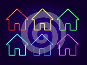 Vector set of colorful neon houses. Neon isolated house icons of different colors glow in the dark color, red, blue