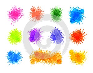 Vector set of colorful paint splatters isolated on black background, design elements collection, splashes.