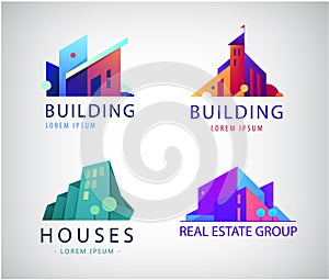 Vector set of colorful real estate logos, city and skyline icons, illustrations. Architect construction concepts