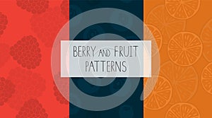 Vector set of colorful seamless patterns with raspberry, orange, blueberry pulp