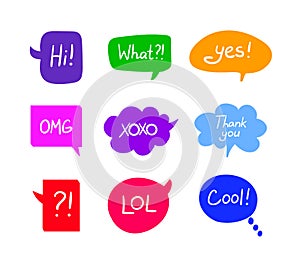 Vector Set of Colorful Speech Bubbles with Handwritten Words Isolated, Design Elements Collection, Different Colors and Shapes.