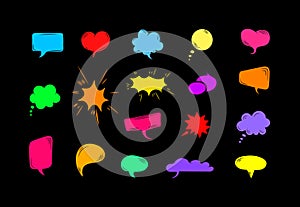 Vector set of colorful talk bubbles isoalted on black background, cartoon comic style bright