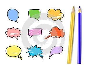 Vector Set of Colorful Talk Bubbles with Realistic Yellow and Blue Pencils Isolated.