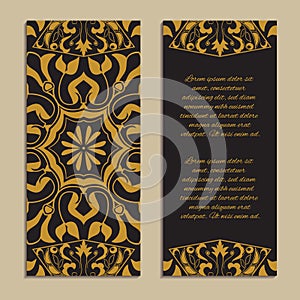 Vector set of colorful vertical banners for business and invitation. Spanish, Moroccan; Arabic; mosaic ornaments in golden color