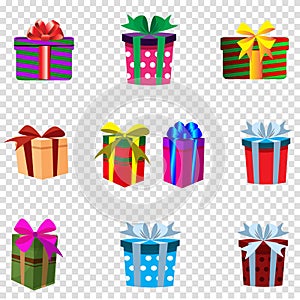 Vector set of colourful gift boxes isolated on transparent background.