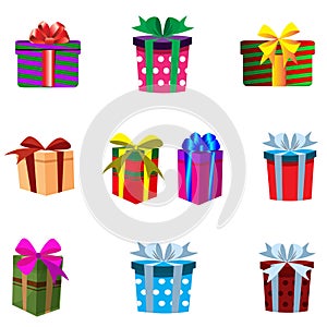 Vector set of colourful gift boxes isolated on white background.