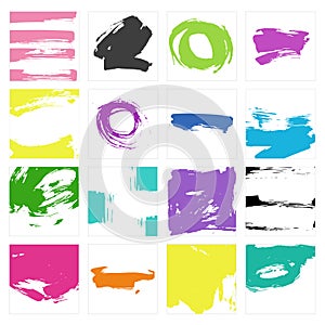 Vector set of colourful grunge brush strokes in squares on white background.