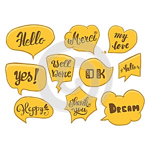 Vector set of comic speech bubbles. Hand drawn set of comic quotes balloons with text.