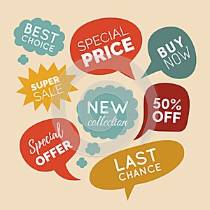 Vector set of comic speech bubbles Sale stickers. Discount card collection, Buy Now, Special Offer, Best Choice etc.