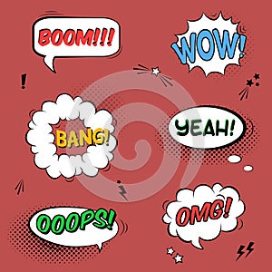 Vector set with comic speech bubbles with sound effects, stars
