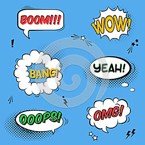 Vector set with comic speech bubbles with sound effects, stars