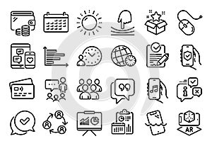 Vector set of Computer mouse, Smartphone waterproof and Time zone line icons set. Vector