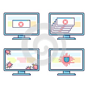 Vector set of computers with different security problems: viruses, fatal crashes, trojans.