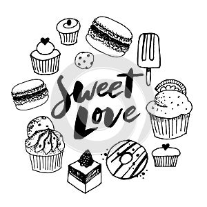 Vector set confectionery and sweets icons. Dessert, lollipop, ice cream with candies, macaron and pudding. Donut and cotton candy photo