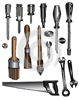 Vector set of construction tools. Screwdrivers, brushes, saw