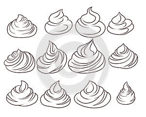 Vector set of contour cartoon meringues and creams isolated from background. Collection of outline sweet zephyrs. Monochrome line