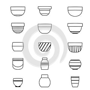 Vector set of contour ceramic vases isolated from background. Monochrome outline collection clip art of various clay flowerpots