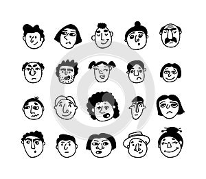Vector set of contour faces characters with different emotions