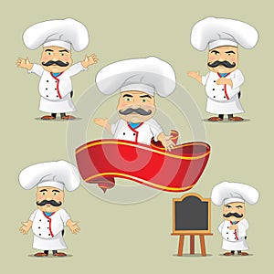 Vector set of cooks in different positions. Cartoon chefs cooking and holding tray with food