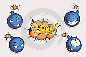 Vector set of cool stickers with cartoon bombs and Boom lettering. Hand drawn funny characters in different emotions in comics st photo