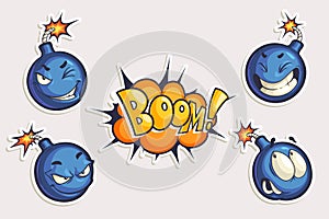 Vector set of cool stickers with cartoon bombs and Boom lettering. Hand drawn funny characters in different emotions in comics st