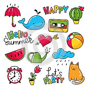 Vector set of cool stickers, patches with and summer symbols.