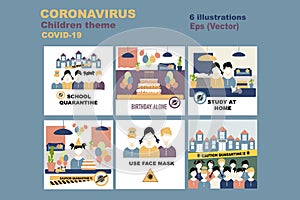 Vector set Coronavirus children theme, school quarantine, Canceling a birthday party, study at home. Coronavirus concept Novel