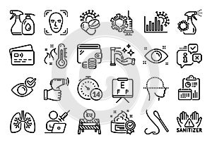 Vector set of Coronavirus spray, Coronavirus statistics and Electronic thermometer line icons set. Vector