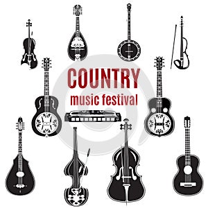 Vector set of country music instruments, black and white flat design.