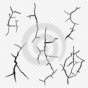 Vector set of cracks in the surface. The elements of a fault in the earth, isolated on a transparent background.