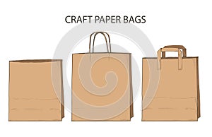 Vector Set of craft paper bags. Giving lunch brown craft shopping package mock up. Safe delivery courier service order