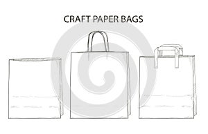 Vector Set of craft paper bags. Giving lunch brown craft shopping package mock up. Safe delivery courier service order