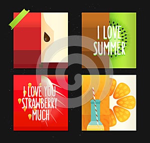 Vector set of creative summer cards. Posters with funny stylized fruits apple, kiwi and orange.