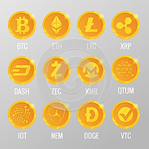 Vector set of Cryptocurrency gold coins with Bitcoin, ETH, LTC, XRP, DASH, ZEC, XMR, QTUM, IOT, NEN, DOGE, VTC. Digital