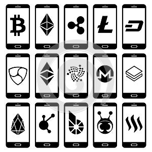 Set Of Cryptocurrency Icons On Smartphones Isolated